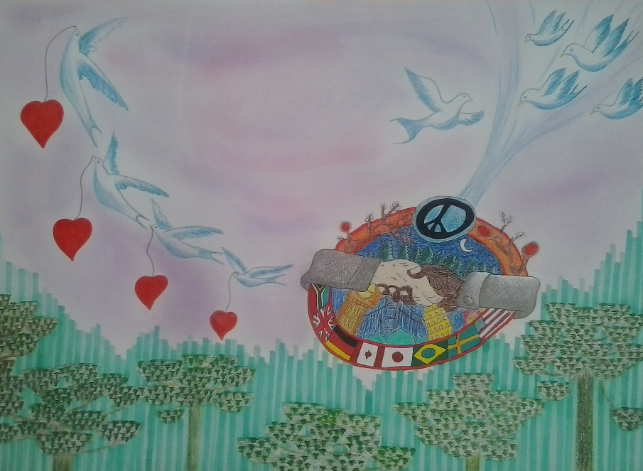 A partir da reflexão dos alunos sobre o tema, foram produzidas as obras que, por meio de figuras, linhas e cores, retratam uma realidade diferente da atual, apresentando um universo de harmonia e paz.