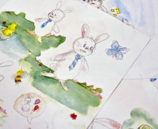 Ilustrações de Camila Murakami em aquarela que vão compor o livro "O coelho e sua família encantada" de Noilves Araldi.