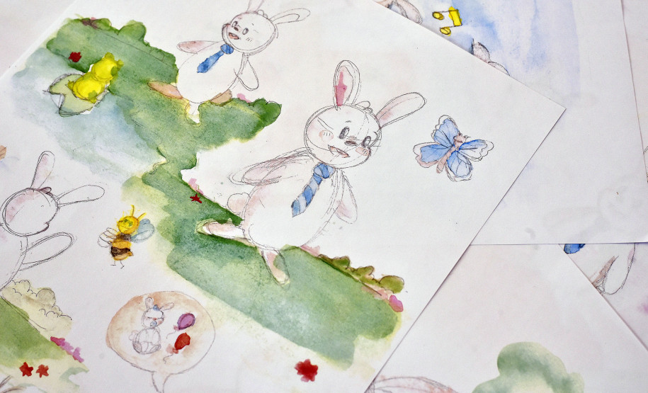 Ilustrações de Camila Murakami em aquarela que vão compor o livro "O coelho e sua família encantada" de Noilves Araldi.