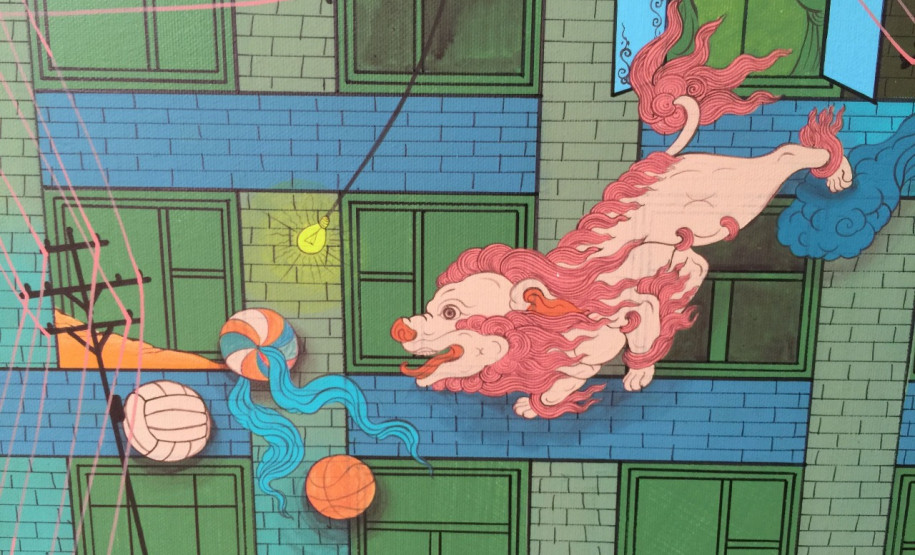 O Ninho do Pássaro Detalhe da obra "O Ninho do Pássaro" (2018) de Nomin Bold. Acrílico sobre tela. 100 cm x 100 cm (8 telas).