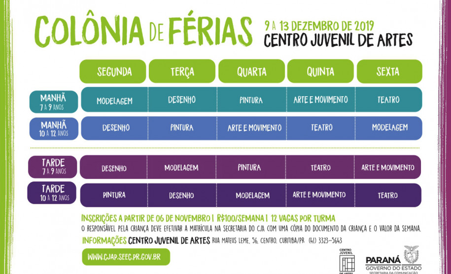 Inscrições abertas para a Colônia de Férias do Centro Juvenil de Artes Inscrições abertas para a Colônia de Férias do Centro Juvenil de Artes