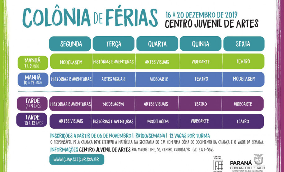 Inscrições abertas para a Colônia de Férias do Centro Juvenil de Artes Inscrições abertas para a Colônia de Férias do Centro Juvenil de Artes